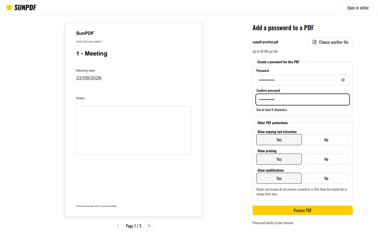 Add a password, SunPDF